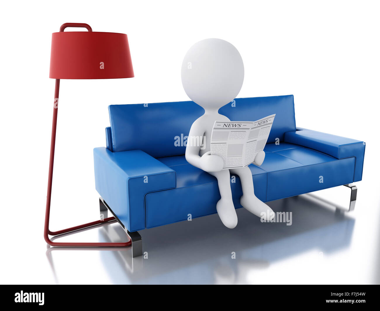 3D renderer illustrazione. La gente bianca leggendo un giornale, seduta su una poltrona. Isolato sfondo bianco Foto Stock