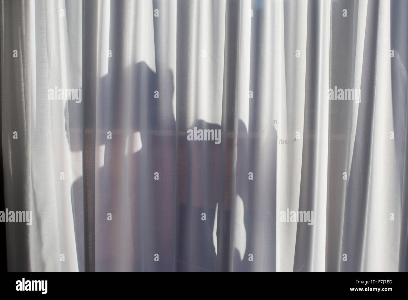 Ombra di una persona sulla tenda della finestra Foto Stock