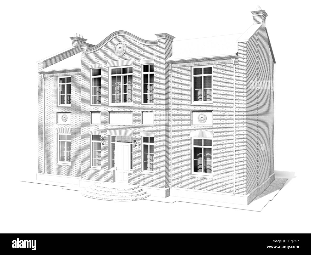 Visualizzazione architettonica del classico residenziale privato isolato su bianco Foto Stock
