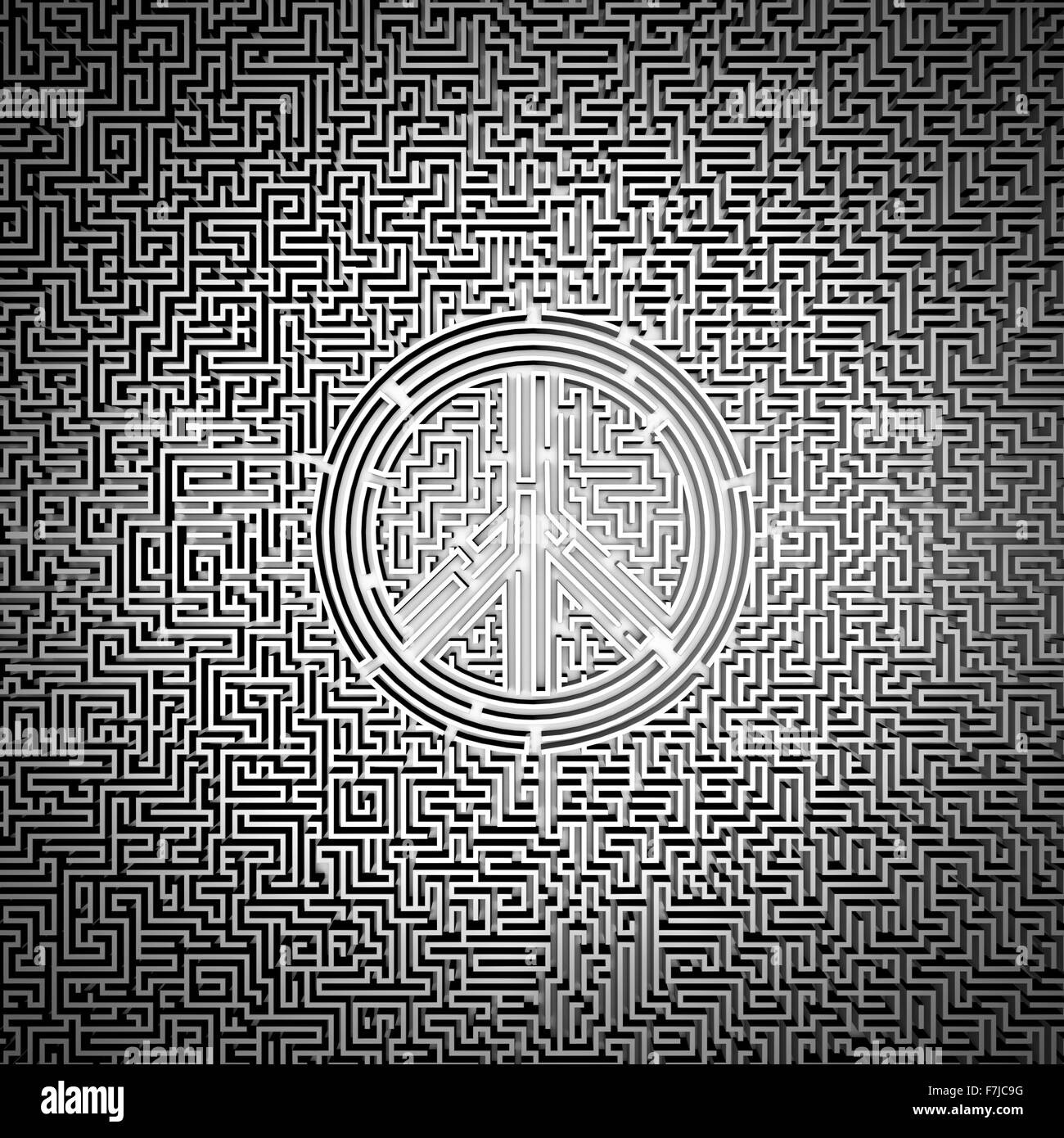 Pace ultima maze / 3D render del labirinto gigante con simbolo di pace in centro Foto Stock