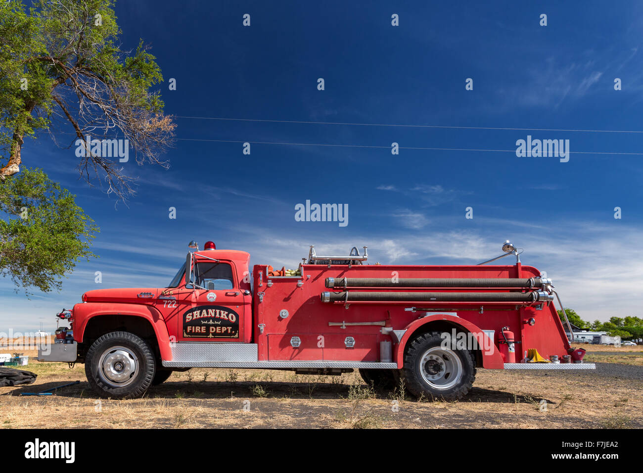 Vintage Shaniko camion dei pompieri, Shaniko, Wasco County, Oregon, Stati Uniti Foto Stock