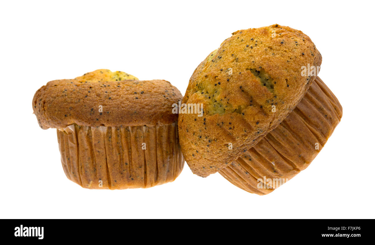 Una coppia di pane appena sfornato di pepe al limone colazione muffin isolato su uno sfondo bianco. Foto Stock