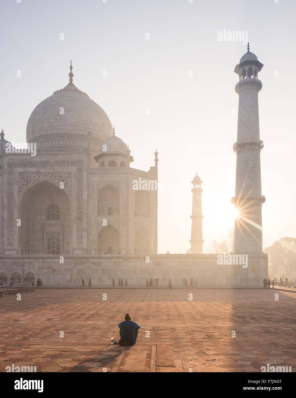 L'uomo guarda Dawn al Taj Mahal, Agra, Uttar Pradesh, India Foto Stock