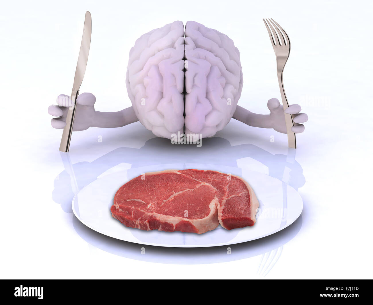 Il cervello con le mani e gli utensili di fronte ad una bistecca, 3d illustrazione Foto Stock