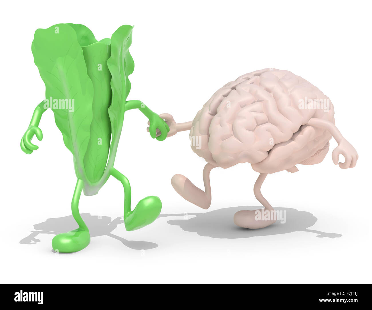 La lattuga e il cervello con le braccia e le gambe che camminando mano nella mano, 3d illustrazione Foto Stock