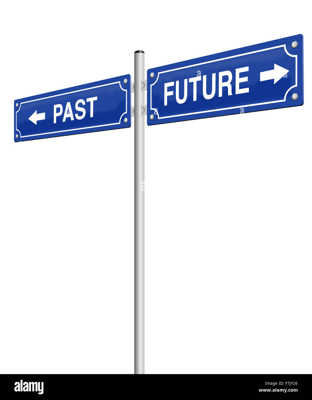 Passato e futuro, scritta su due cartelli stradali. Immagine su sfondo bianco. Foto Stock