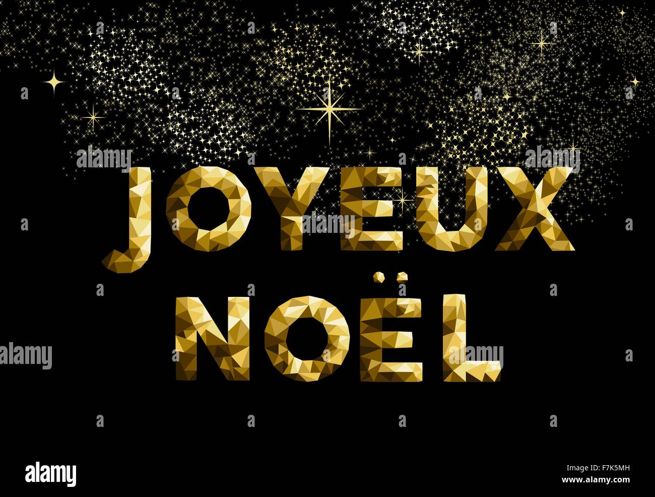 Buon Natale biglietto di auguri in lingua francese: Joyeux Noel oro bassa poli stile. Ideale per vacanza poster, web o in tutto il mondo Illustrazione Vettoriale