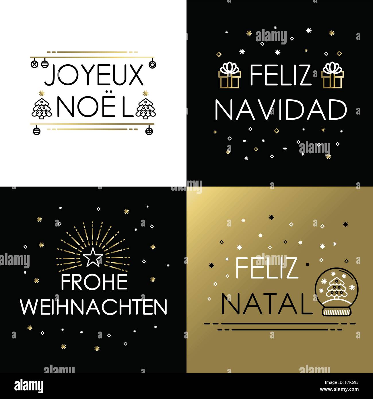 Merry Christmas greeting card impostato nel profilo gold style: joyeux noel, Feliz Navidad, frohe weihnachten e feliz natal testo. Illustrazione Vettoriale