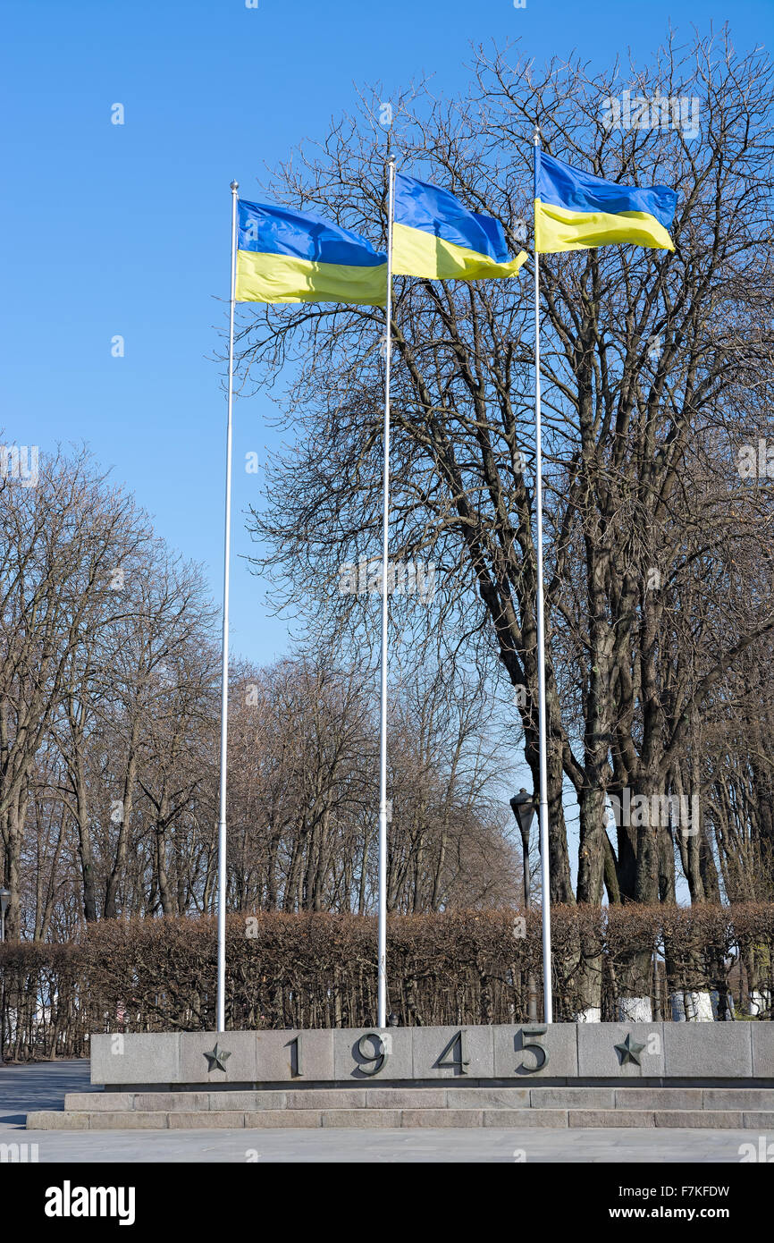 Tre flag ucraino sui pennoni contro la molla luminoso cielo. Foto Stock