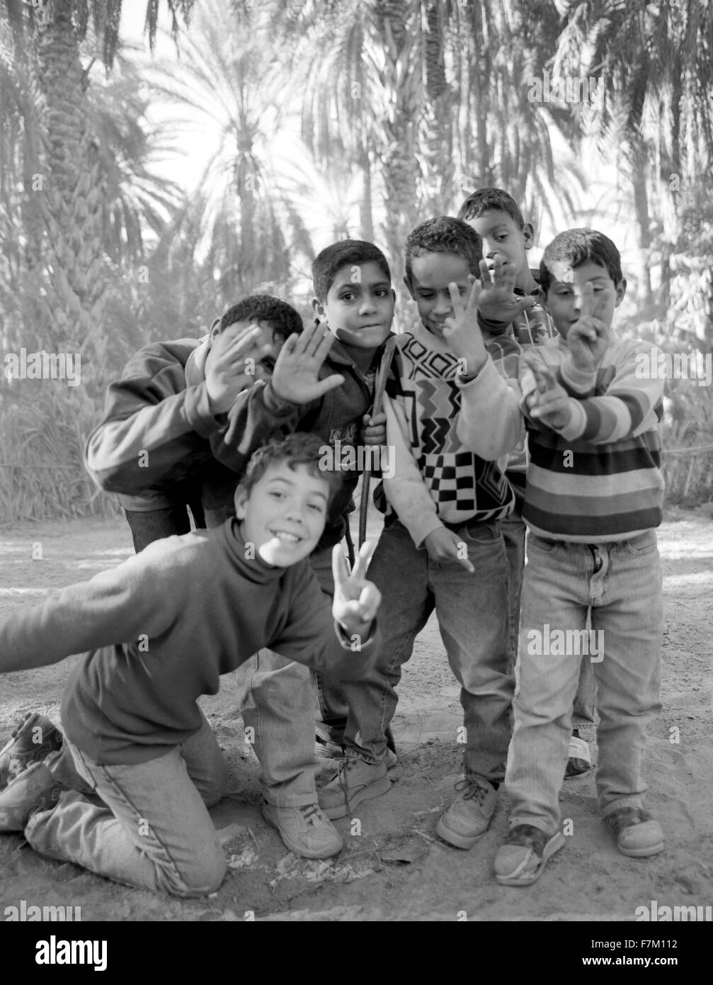 Giovani ragazzi tunisino colpire una posa presso la Palmeraie in Tozeur.Tozeur, Tunisia. Il Nord Africa. Foto Stock