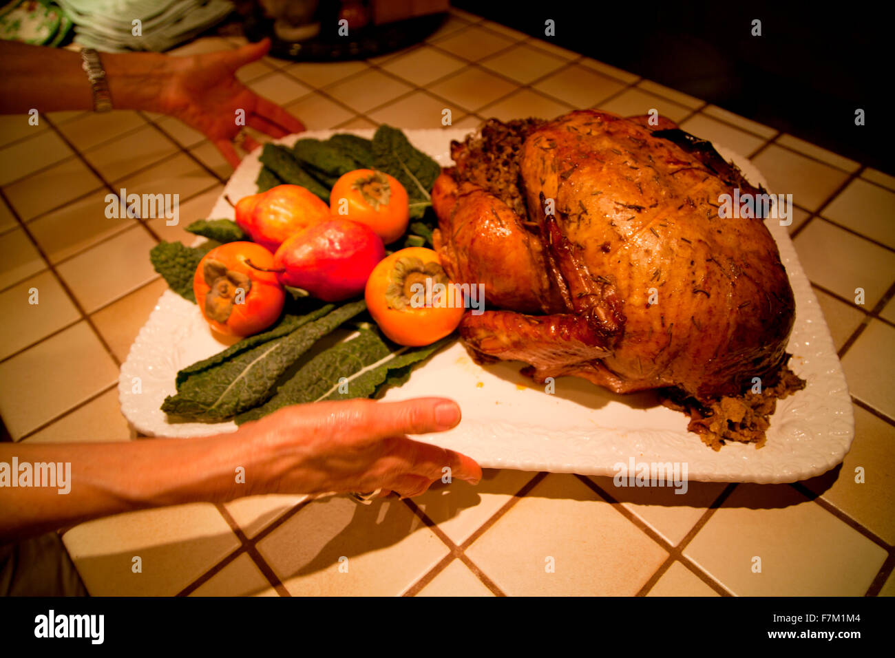 La Turchia è visto sul piatto di portata pronto per la festa di ringraziamento, 2011, Ojai CA Foto Stock