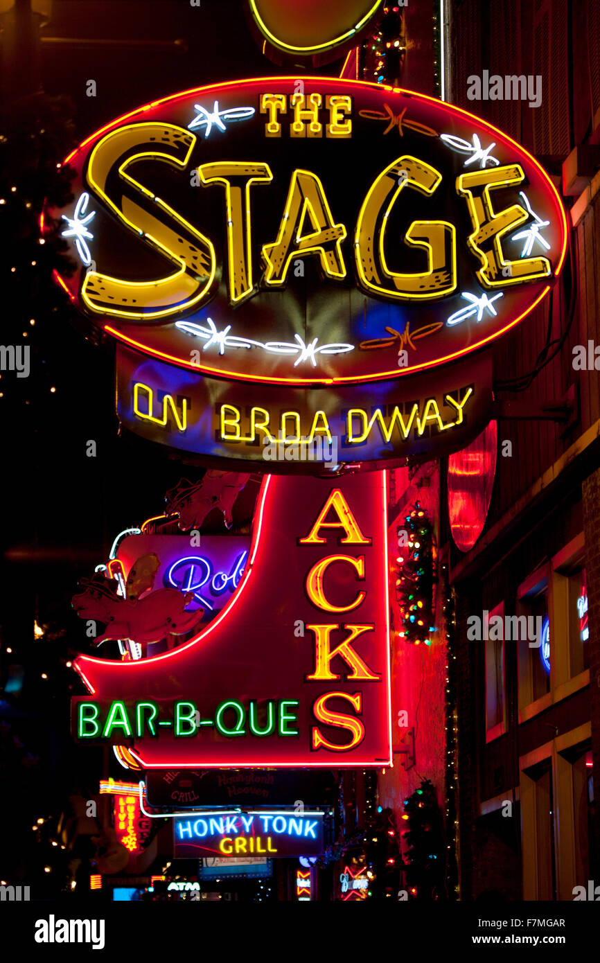 Insegne al neon sul Lower Broadway Area, Nashville, Tennessee, Stati Uniti d'America Foto Stock