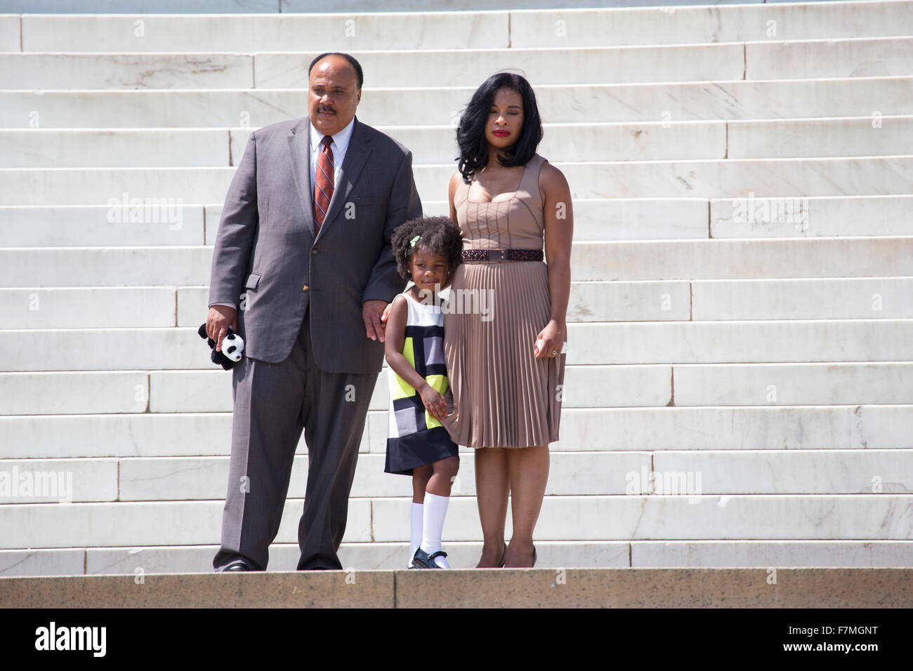 Martin Luther King III, mia moglie e mia figlia all'azione nazionale per realizzare il sogno di marzo e rally per il cinquantesimo anniversario della marcia su Washington e Martin Luther King Ho un sogno discorso, Agosto 24, 2013, il Lincoln Memorial, Washington D.C. Foto Stock