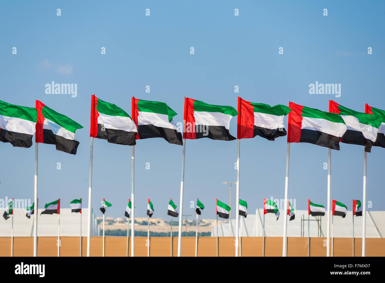 Bandiere degli Emirati Arabi Uniti battenti dai pali in righe Foto Stock
