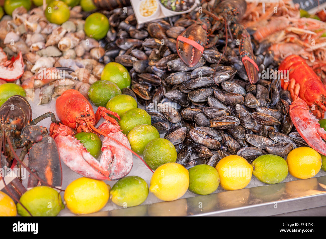 Molluschi e crostacei e frutti di mare freschi sul mercato di una tabella Foto Stock