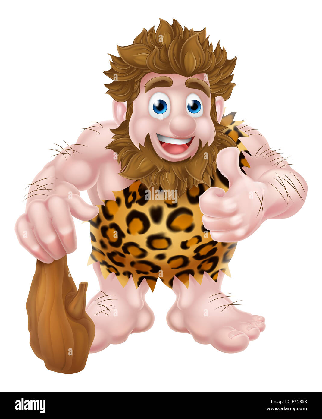 Un cartoon carino caveman in una pelle animale dando un pollice in alto e tenendo un club. Foto Stock