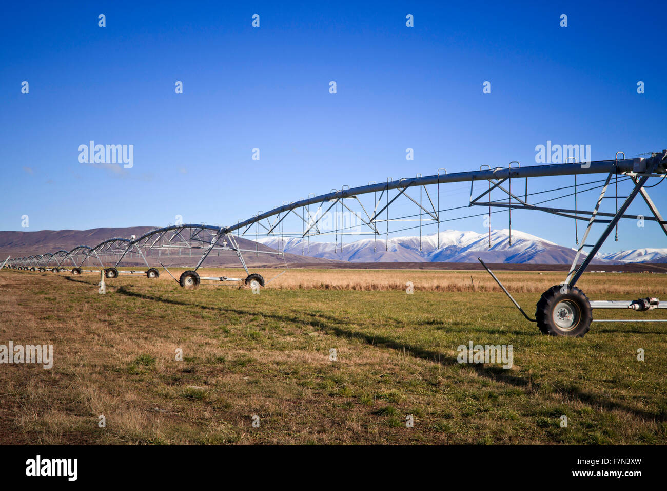 Isola del Sud paesaggio paesaggio con irrigazione agricola, Canterbury, Nuova Zelanda Foto Stock