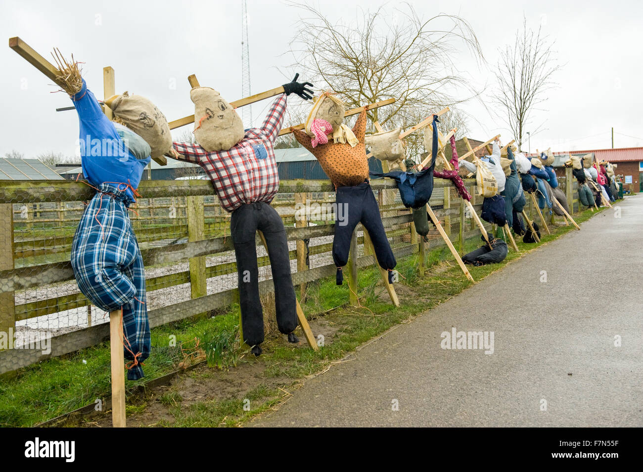 Una varietà di fatti in casa scarecrows schierate contro la recinzione Foto Stock