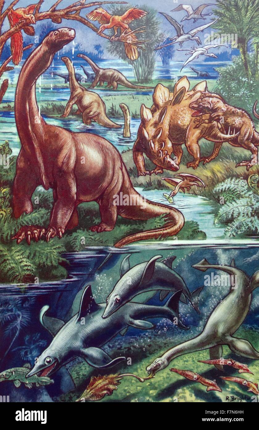 Libro per bambini illustrazione datata 1930: dinosauri e animali marini Foto Stock