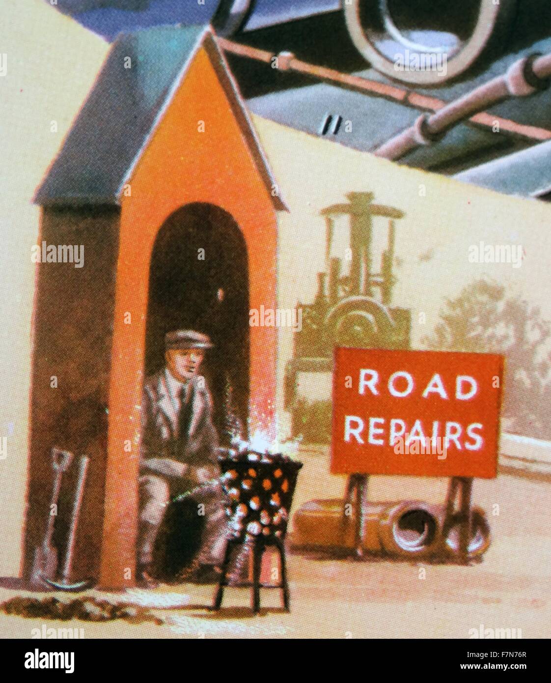 Operaio in una capanna accanto a un segno per lavori stradali; Londra 1948 Foto Stock