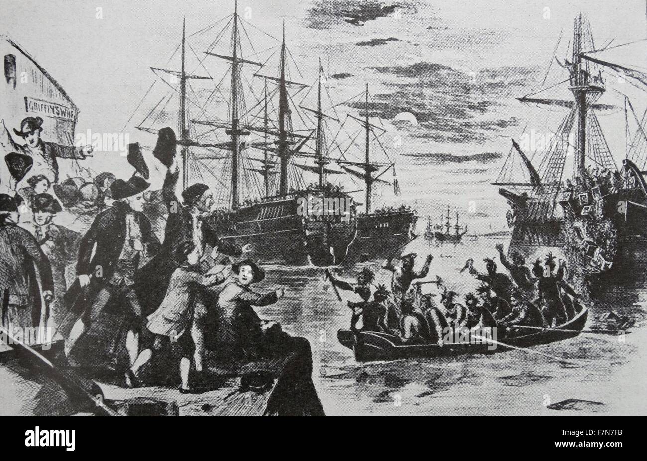 I coloni a Boston hanno protestato contro il timbro agiscono per vestirsi come Pellerossa e gettando cassapanche del tè a mare. Questo è stato conosciuto come il Boston Tea Party. Foto Stock