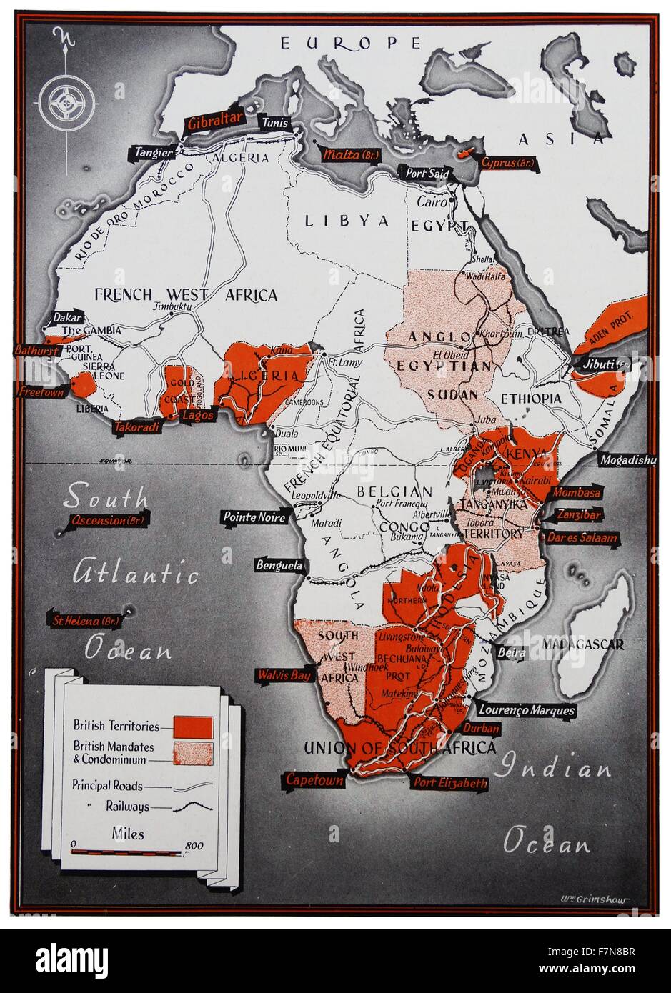Mappa di Africa con un colore chiave che identifica i territori britannici. Datata 1900 Foto Stock