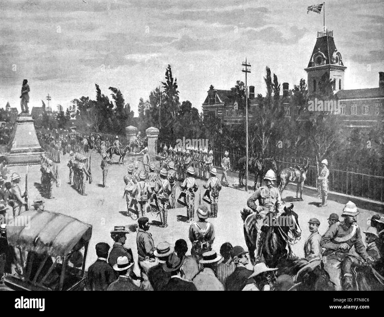 Illustrazione raffigurante l'occupazione inglese di Bloemfontein durante la Seconda guerra boera. Maresciallo di Campo Frederick Roberts (1832-1914) è visto montato su un cavallo in primo piano. Datata 1900 Foto Stock