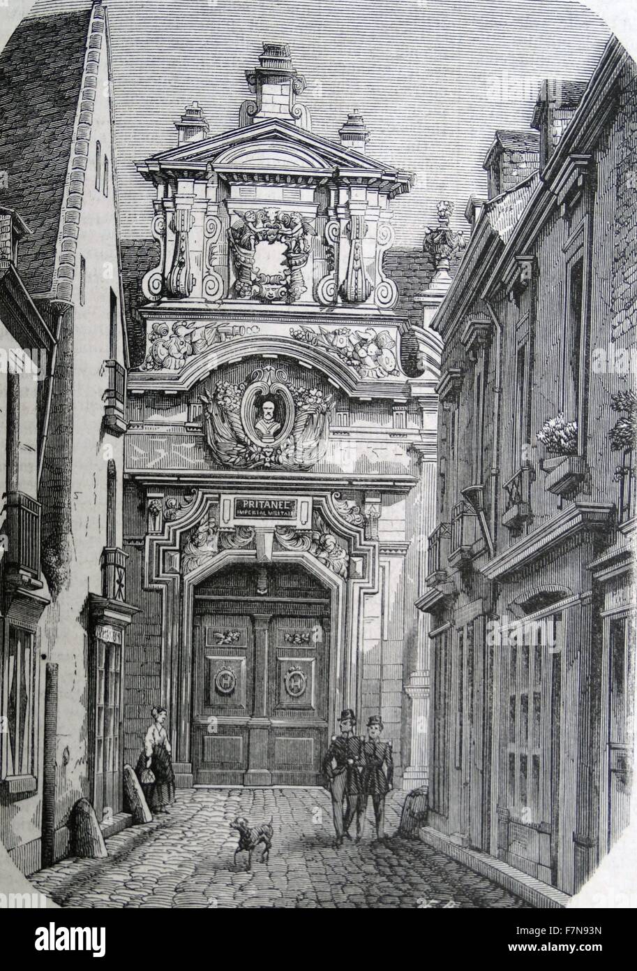 Illustrazione di un francese di scena di strada con due soldati in uniforme. Datata 1820 Foto Stock