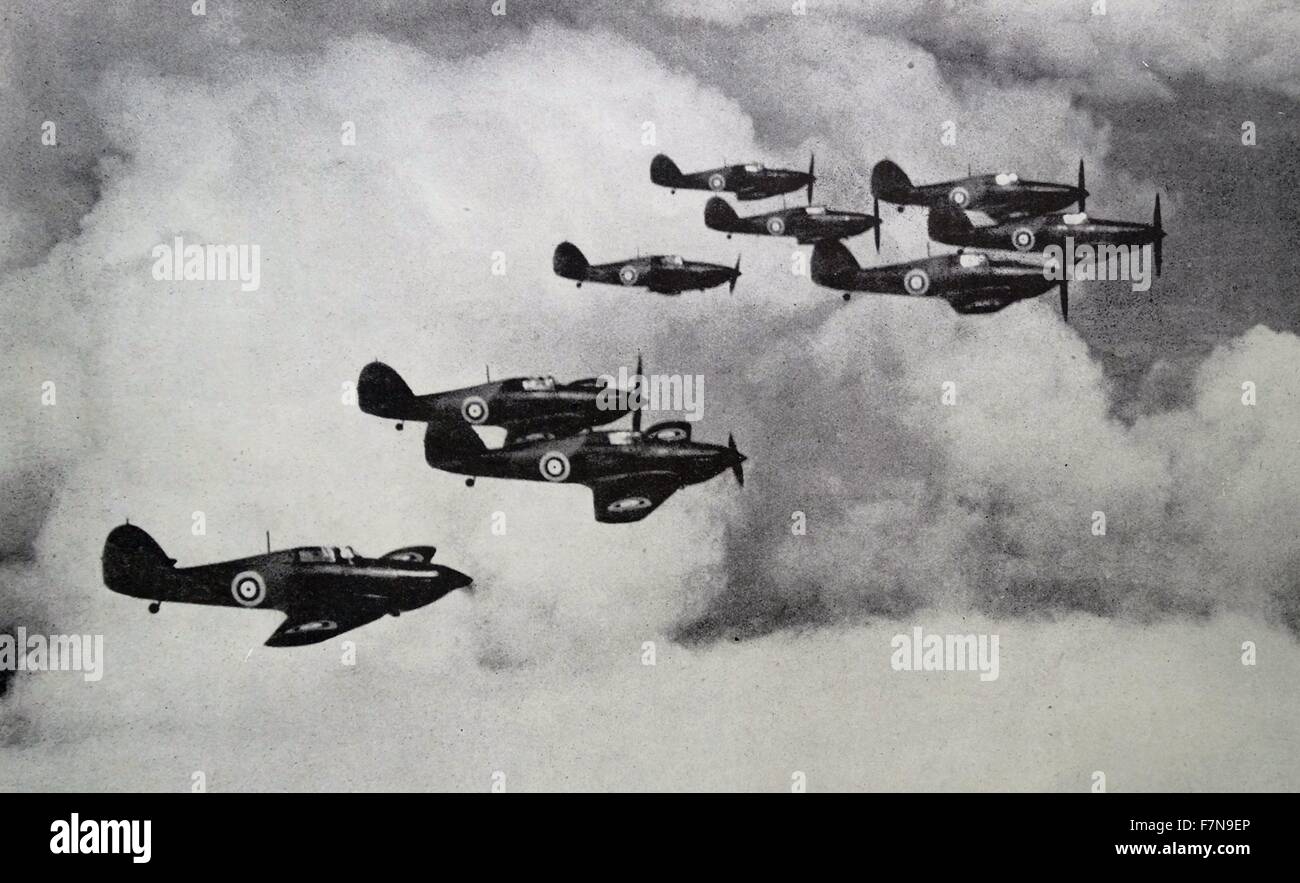 Fotografia del squadrone di uragano. In dotazione con la Rolls Royce Merlin motore la velocità massima era di 1.000 km/h. Datata 1939 Foto Stock