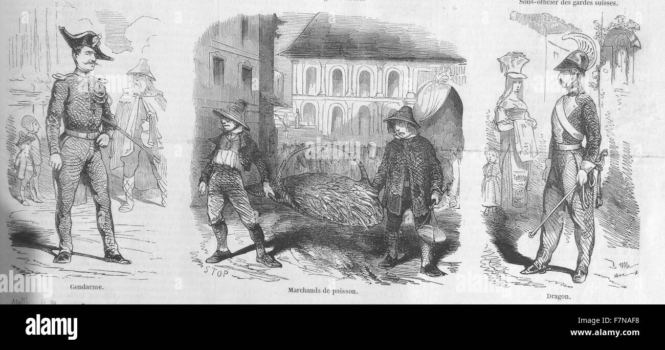 Incisioni raffiguranti un poliziotto, mercanti di pesce e un Guardsman. Datata 1871 Foto Stock