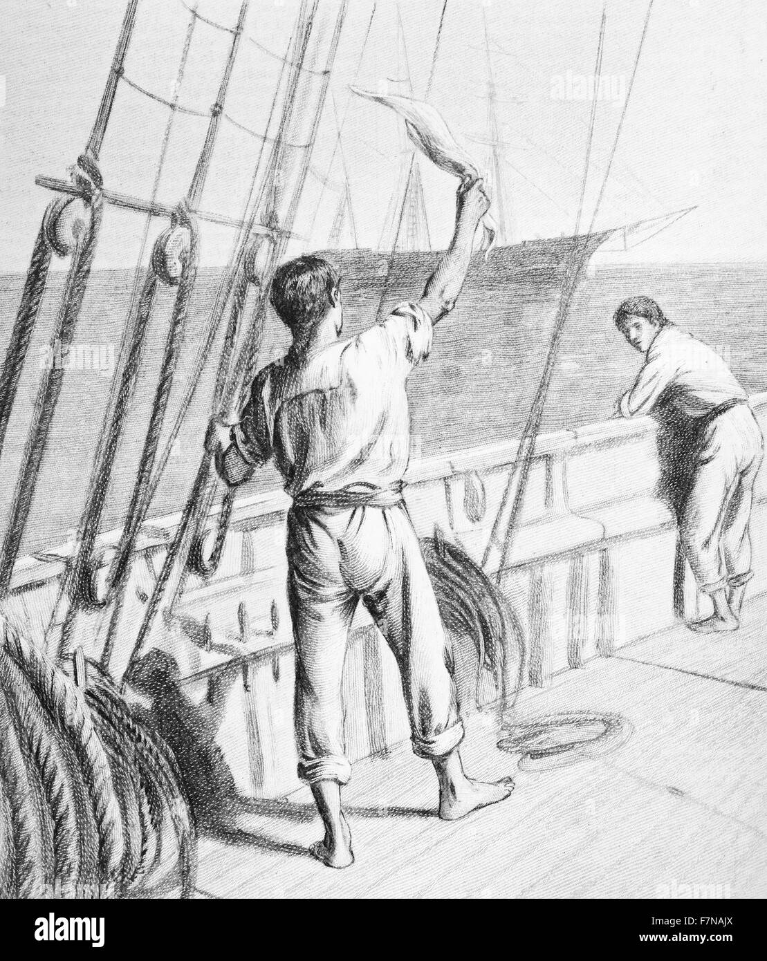 Illustrazione di un libro che raffigura un membro di equipaggio agitando per un passaggio nave. Datata 1913 Foto Stock