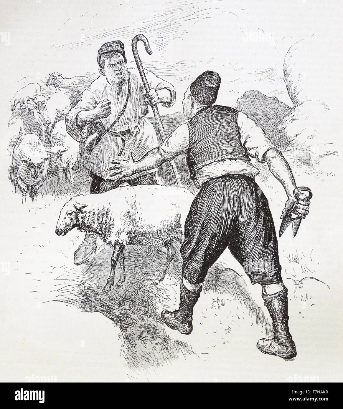 Illustrazione di un libro che raffigura due pastori sostenendo di pecore. Datata 1913 Foto Stock