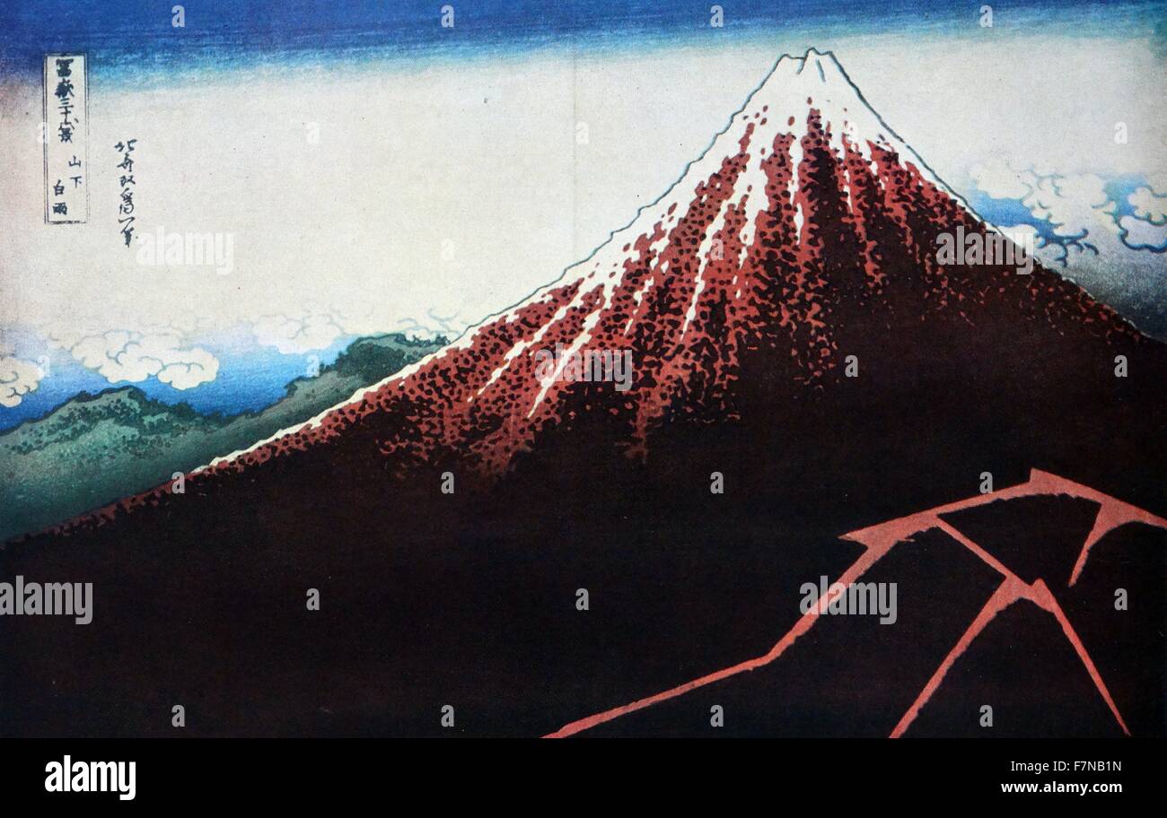 Hokusai doccia sotto la cima (Sanka hakuu), dalla serie 'Thirty-Six vedute del Monte Fuji (Fugaku sanjurokkei)', c. 1830-33 Foto Stock