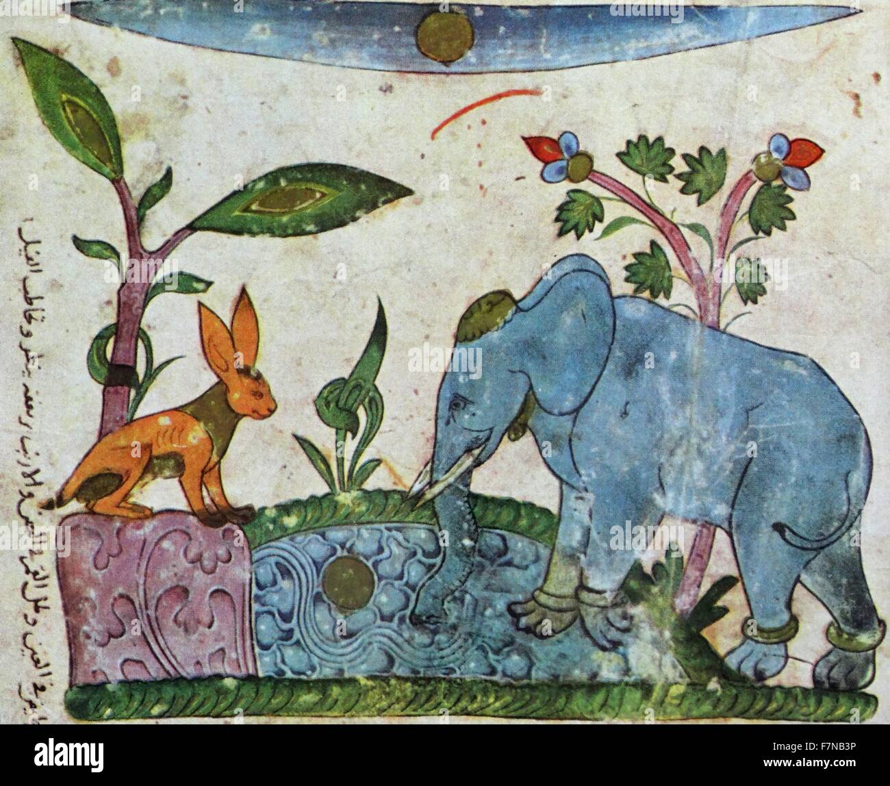 Arab una illustrazione da una edizione siriano datata 1354. Il coniglio stolti l'elefante re per mostrargli il riflesso della luna è uno dei Panchatantra, un indiano antico inter-relativa raccolta delle favole di animali in versi e in prosa. L'originale lavoro in sanscrito, che alcuni studiosi ritengono fu composto nel III secolo A.C. Una nuova versione di Persiano dal XII secolo divenne noto come Kalīleh Demneh o. Il libro in forma diversa è anche noto come le fiabe di Bidpai. Xiii secolo Foto Stock