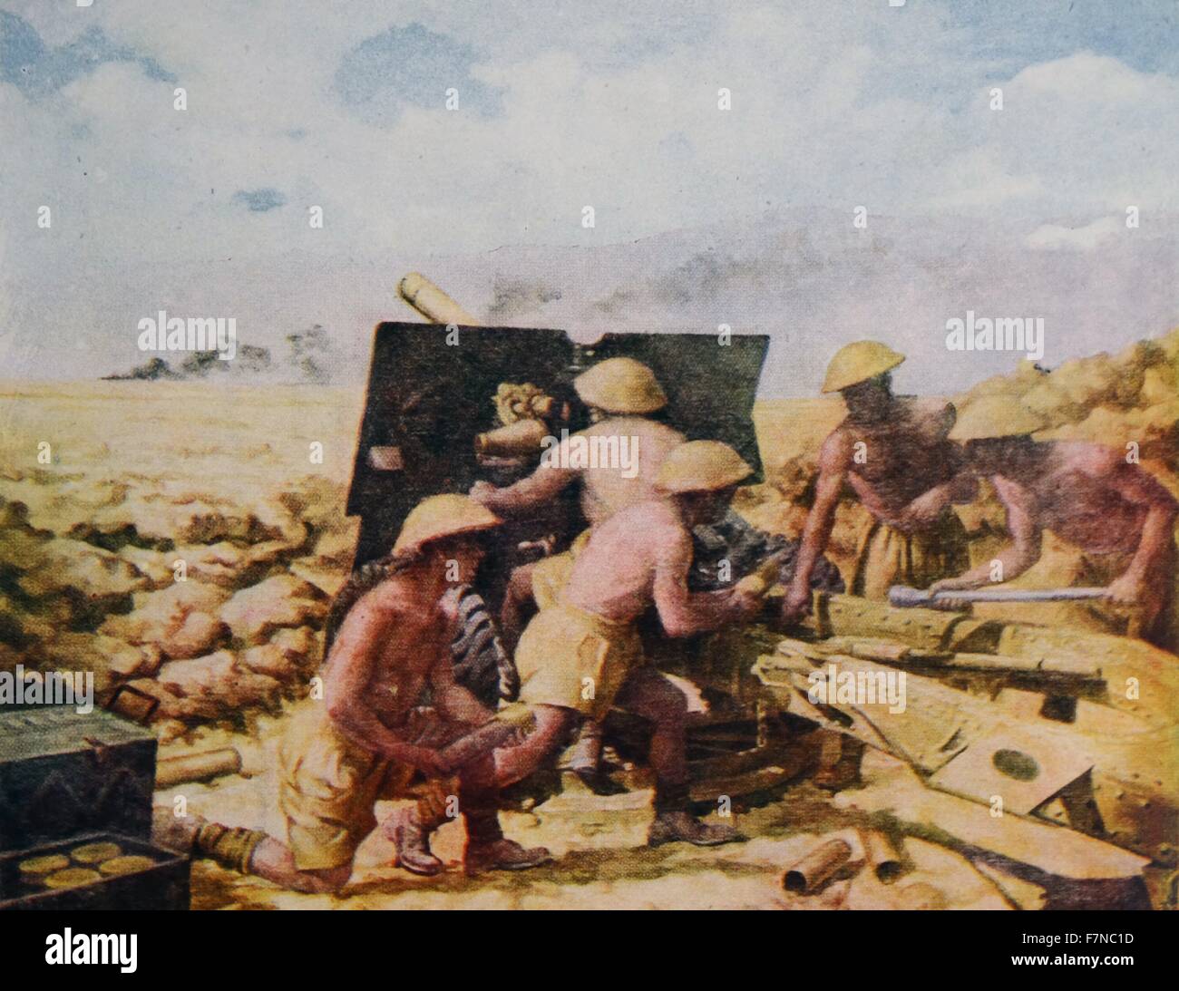 Dipinto raffigurante un 25 Pounder pistola e il team in azione sul Alamein anteriore. Da John Berry (1920-2009), artista di guerra. Datata 1942 Foto Stock