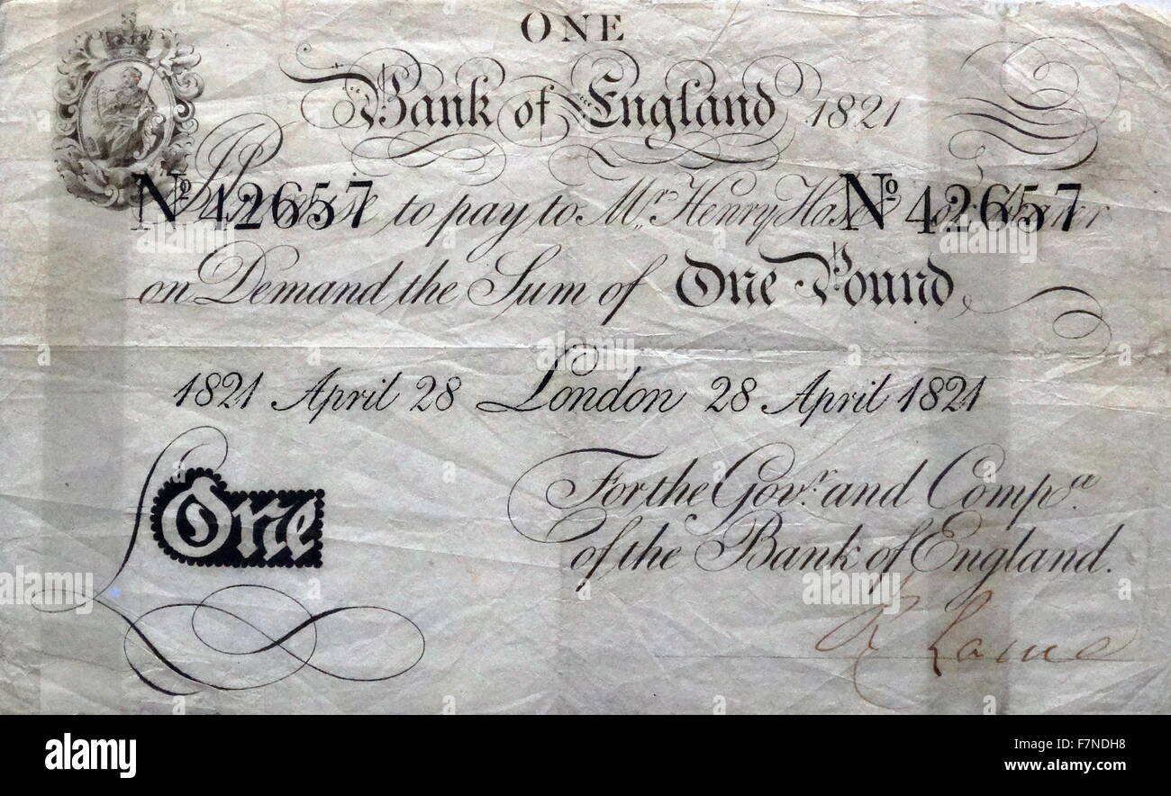 Banca d'Inghilterra verificare per una sterlina datata 1821 Foto Stock