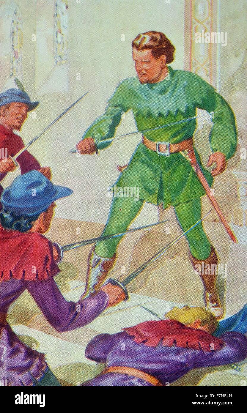 Robin Hood e il suo allegro uomini. Le origini di Robin Hood legenda sono molto oscuro. Il primo riferimento letterario di Robin Hood proviene dal passaggio di un riferimento in Piers Plowman, scritto qualche tempo intorno al 1377, e il principale bofy di racconti risalgono al XV secolo. 1920 Foto Stock