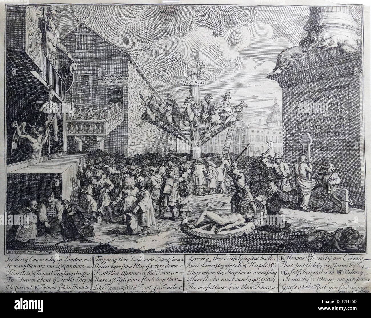 Illustrazione satirica raffigurante il Mare del Sud scheme Londra, 1721. In seguito al crollo del South Sea Company, gli effetti della società del crollo erano più sentita in Londra, perché era la casa per molti investitori che avevano acquistato quote del regime. Stampato da una incisione sulla lastra di rame realizzata da William Hogarth, 1721. Foto Stock