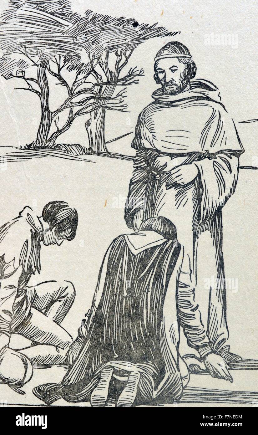 Incisione di Robin Hood in ginocchio davanti al re Richard I. datata XVIII secolo Foto Stock