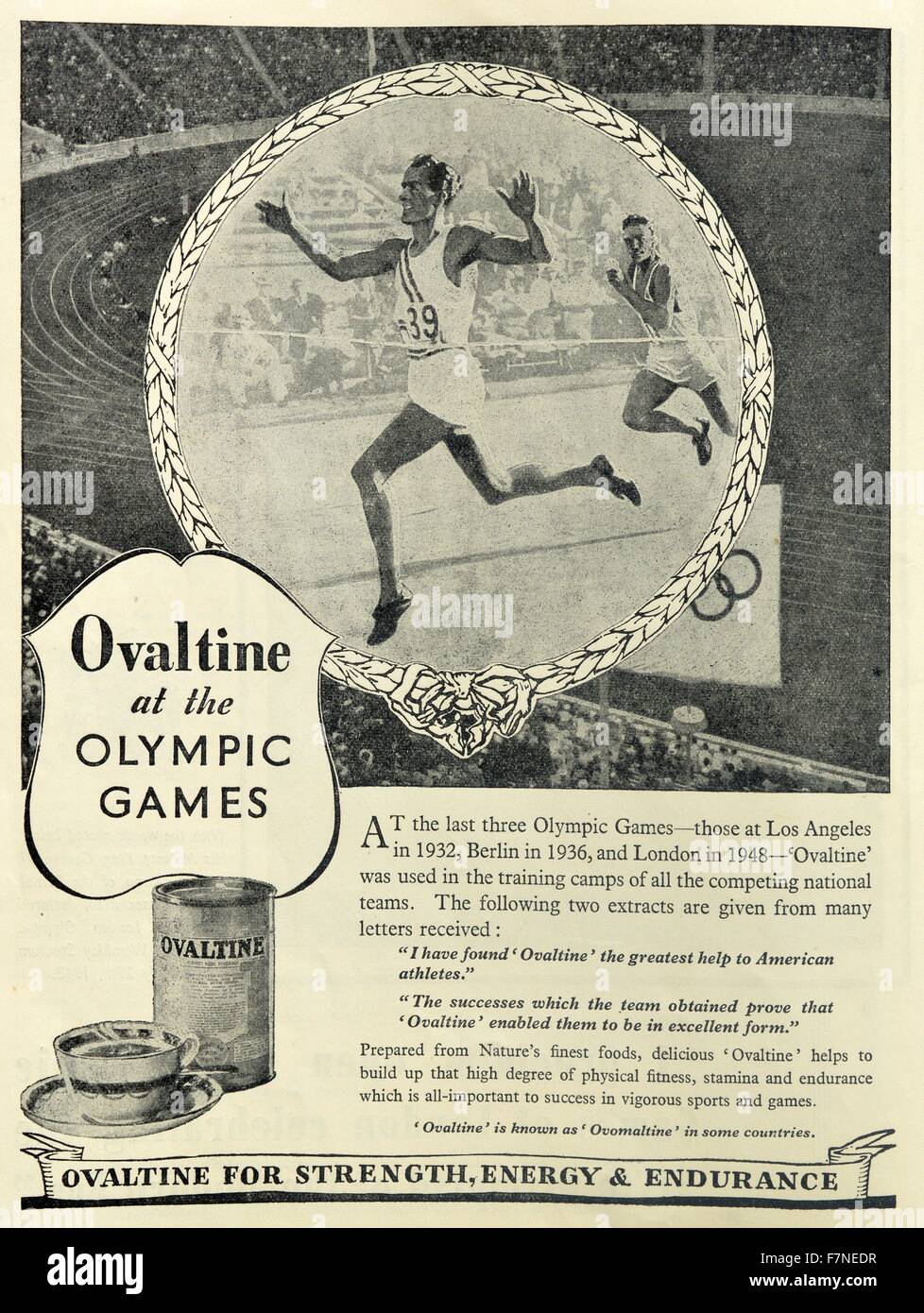 Ovaltine drink pubblicizzati con un tema olimpico per il 1948 Giochi Olimpici di Londra Foto Stock