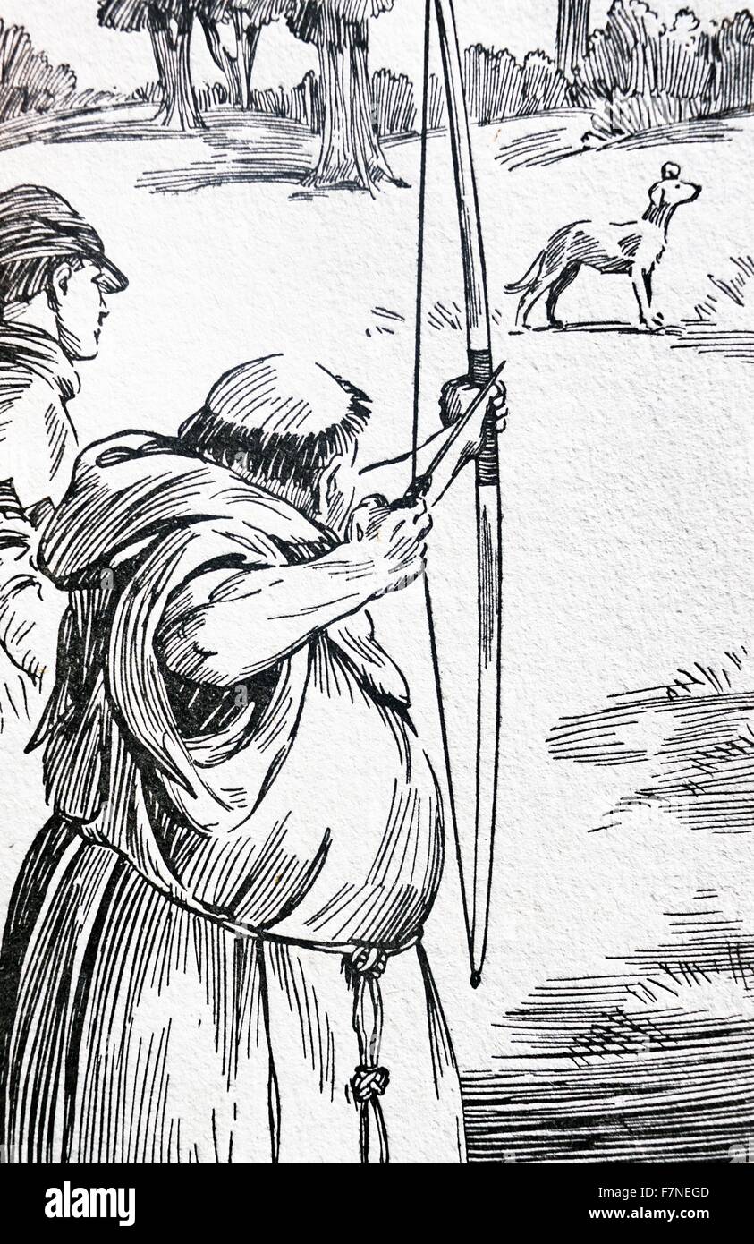 Illustrazione di un frate a caccia con arco e frecce. Risalenti al XVII secolo Foto Stock