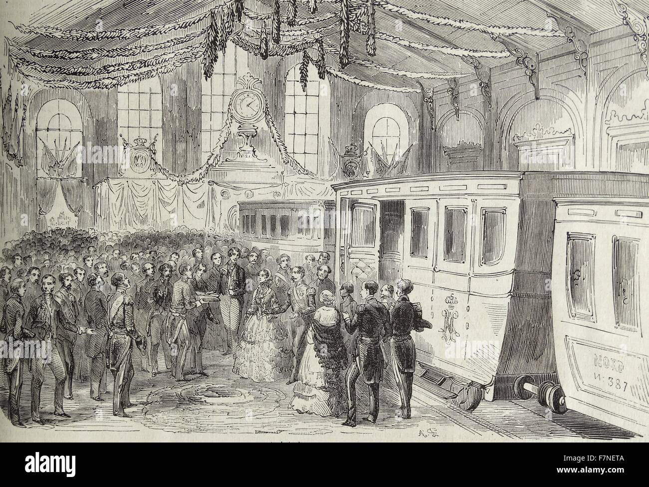 Arrivo dell'imperatore francese Napoleone III e l'Imperatrice Eugenie presso la stazione ferroviaria di Calais. 1860 Foto Stock