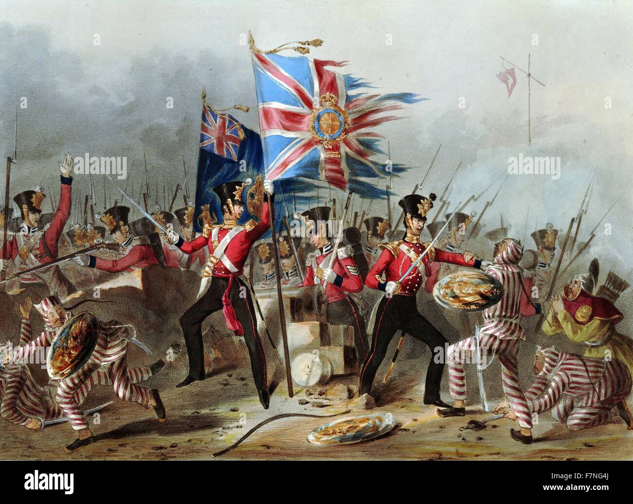 Xviii (Royal Irish Regiment) del piede all'assalto delle fortezze di Amoy;1841. La battaglia di Amoy fu combattuta tra inglesi e le forze Cinesi in Amoy (Xiamen, Cina, il 26 agosto 1841, durante la Prima Guerra di oppio. Il Britannico catturato le fortezze in Amoy e Isola di Gulangyu Foto Stock