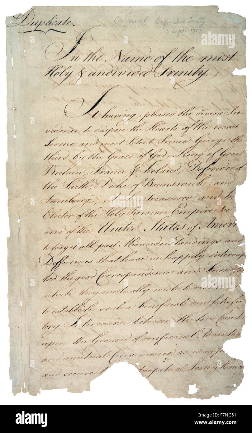 Il trattato di Parigi, firmato a Parigi dai rappresentanti di Re Giorgio III di Gran Bretagna e i rappresentanti degli Stati Uniti d'America del 3 settembre 1783, si è conclusa la guerra rivoluzionaria americana. Foto Stock