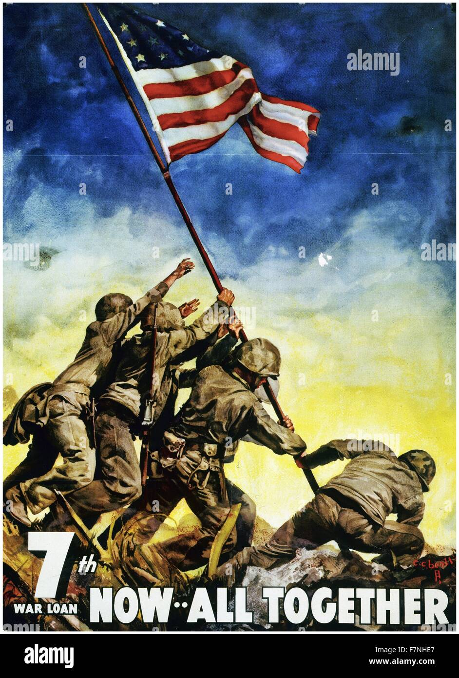 7 Prestito di guerra. Ora--tutti insieme la Seconda Guerra Mondiale manifesto americano da Cecil Calvert Beall, 1892-1967. Ispirato da una fotografia di U.S. Marines alzando bandiera a Iwo Jima. 1945 Foto Stock