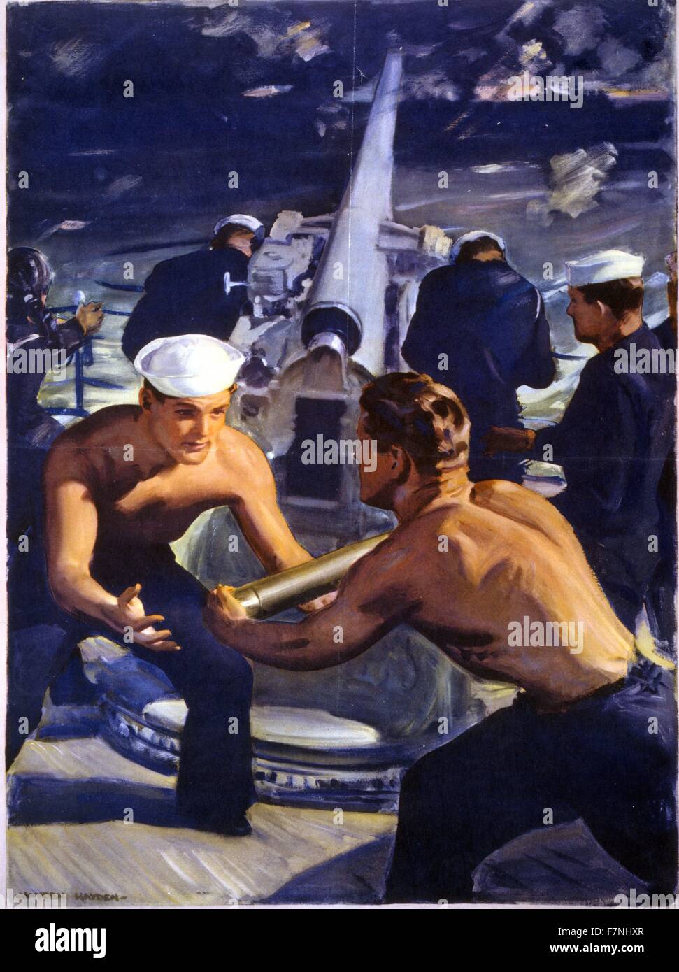 Un messaggio da America da Hayden Hayden 1943 American Seconda Guerra Mondiale, Poster raffigurante i marinai caricamento di munizioni in un cannone. Foto Stock