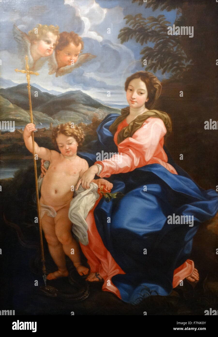 La Vergine con il bambino la foratura della testa del serpente da Giovanni Battista Gaulli (1639-1709), artista italiano lavora in alto barocco e rococò precoce periodi. Risalenti al XVII secolo Foto Stock