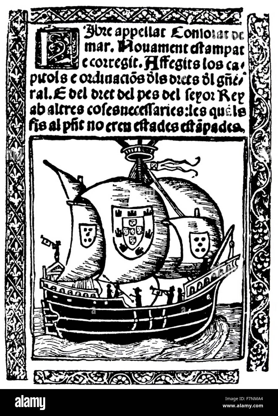 Letteratura catalana; Spagna XIV - XV secolo. Il libro del Consolato del Mare. Coprire 1523 Foto Stock