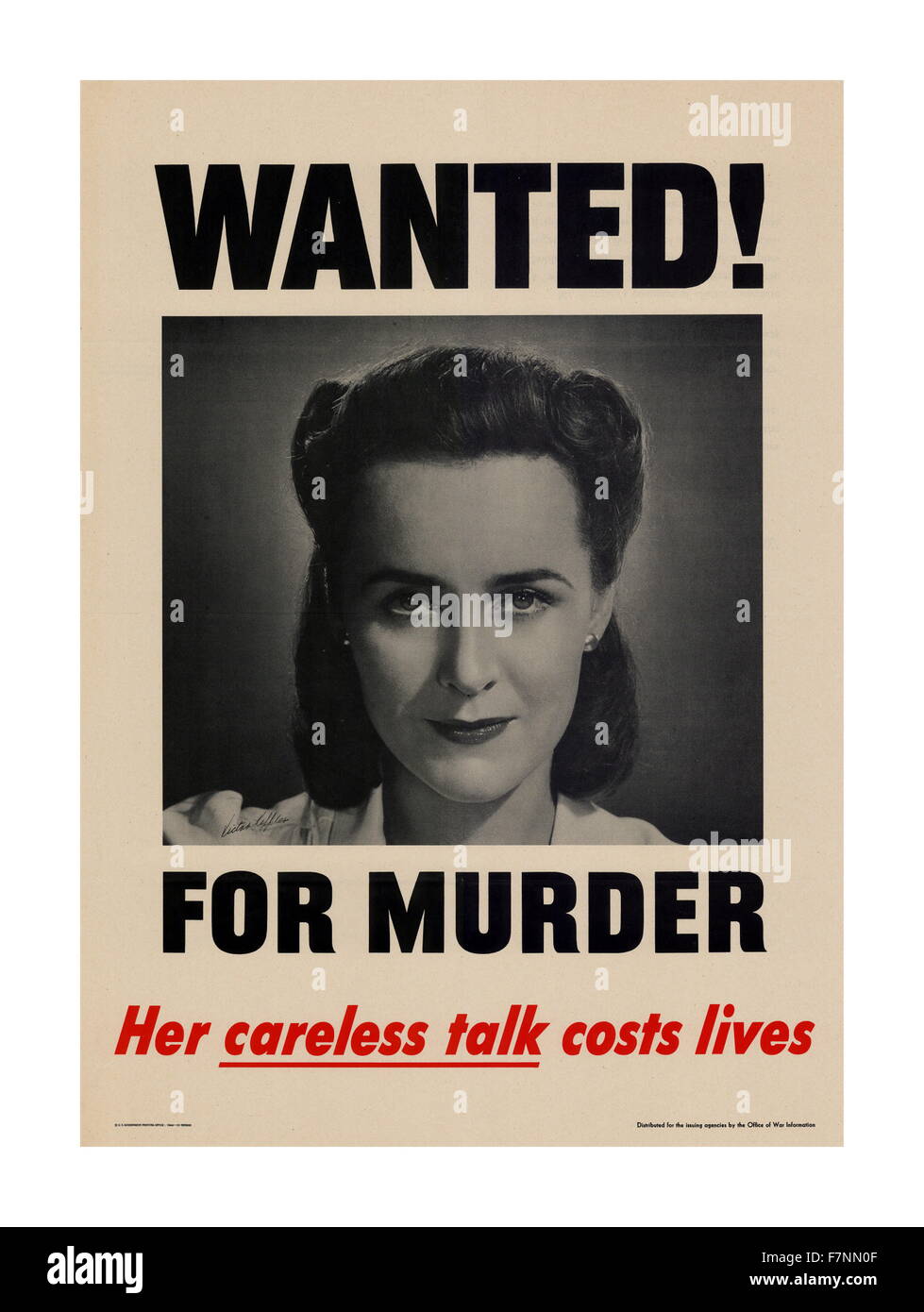 Poster di Propaganda della seconda guerra mondiale. Mock manifesto wanted accusando una donna di omicidio a causa di 'loose talk' (parlando di strategie o movimenti di truppe ecc.) Foto Stock