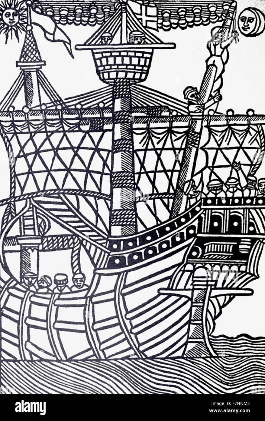 Lo spagnolo caravel (Oceano navi) 1439. illustrazione da Libre de Cosolat tractat dels fet maritims, Barcelona, 1439. Foto Stock